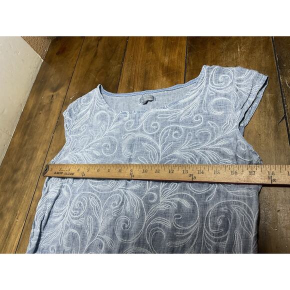 LINA TOMEI Chambray Blue Coastal Embroidered 100% Linen Dress Large Italy - Picture 8 of 11